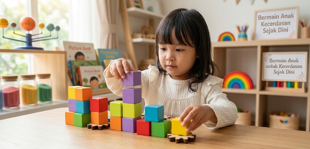 Anak sedang menyusun balok warna