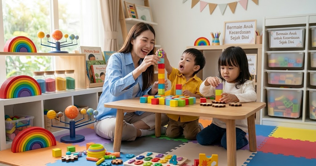 Pendamping mengajak anak-anak bermain alat edukatif