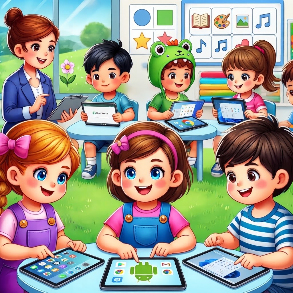 Ilustrasi kelas yang penuh permainan edukatif